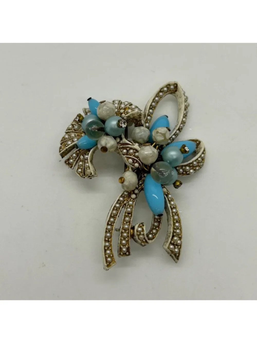 Vintage Coro Pin Brooch With Faux Pearls Faux Turquoise Beads, Floral Bow READ